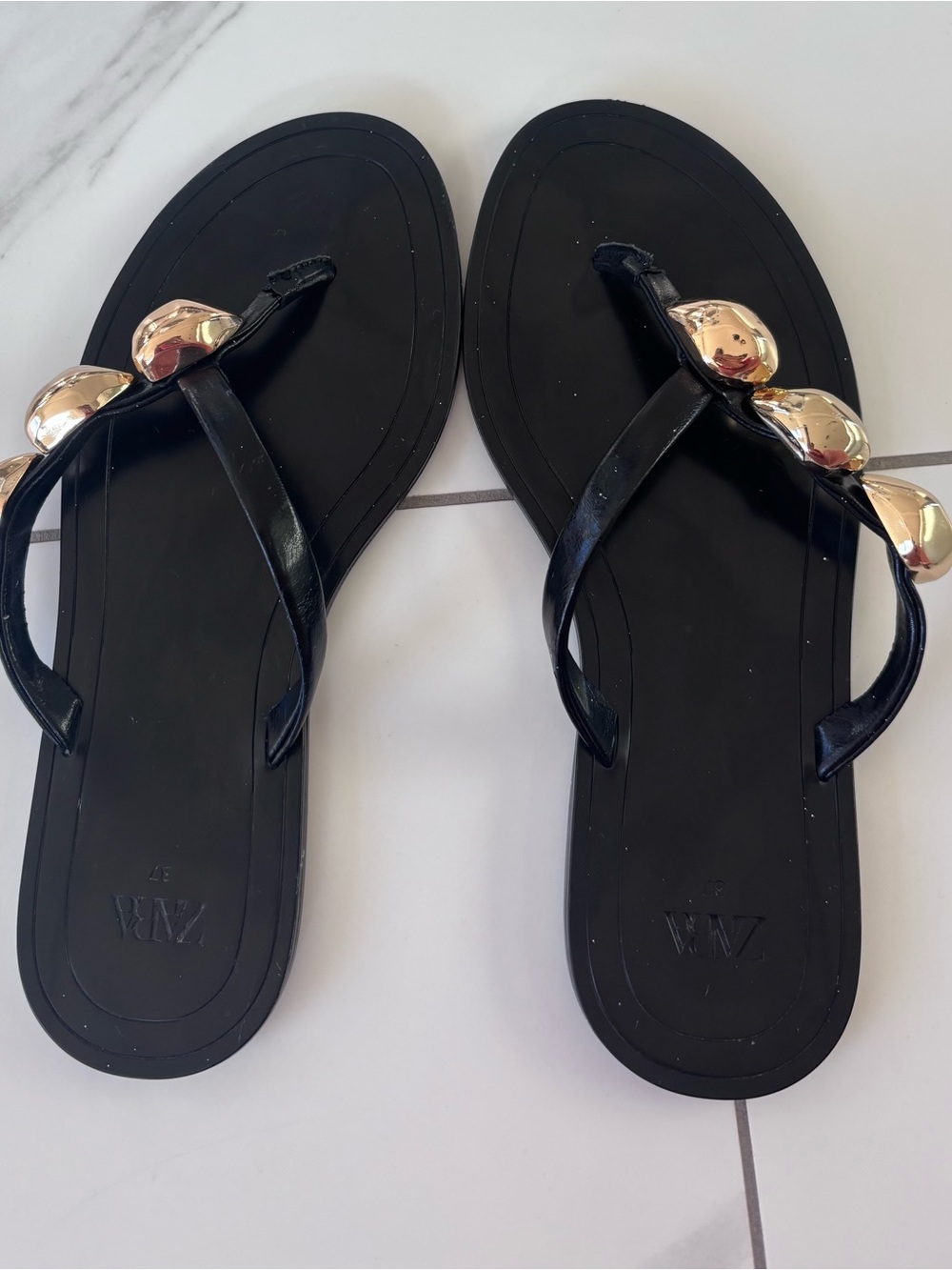 ZARA Black Flat slide Sandals with Gold Accent - Picture 2 of 5